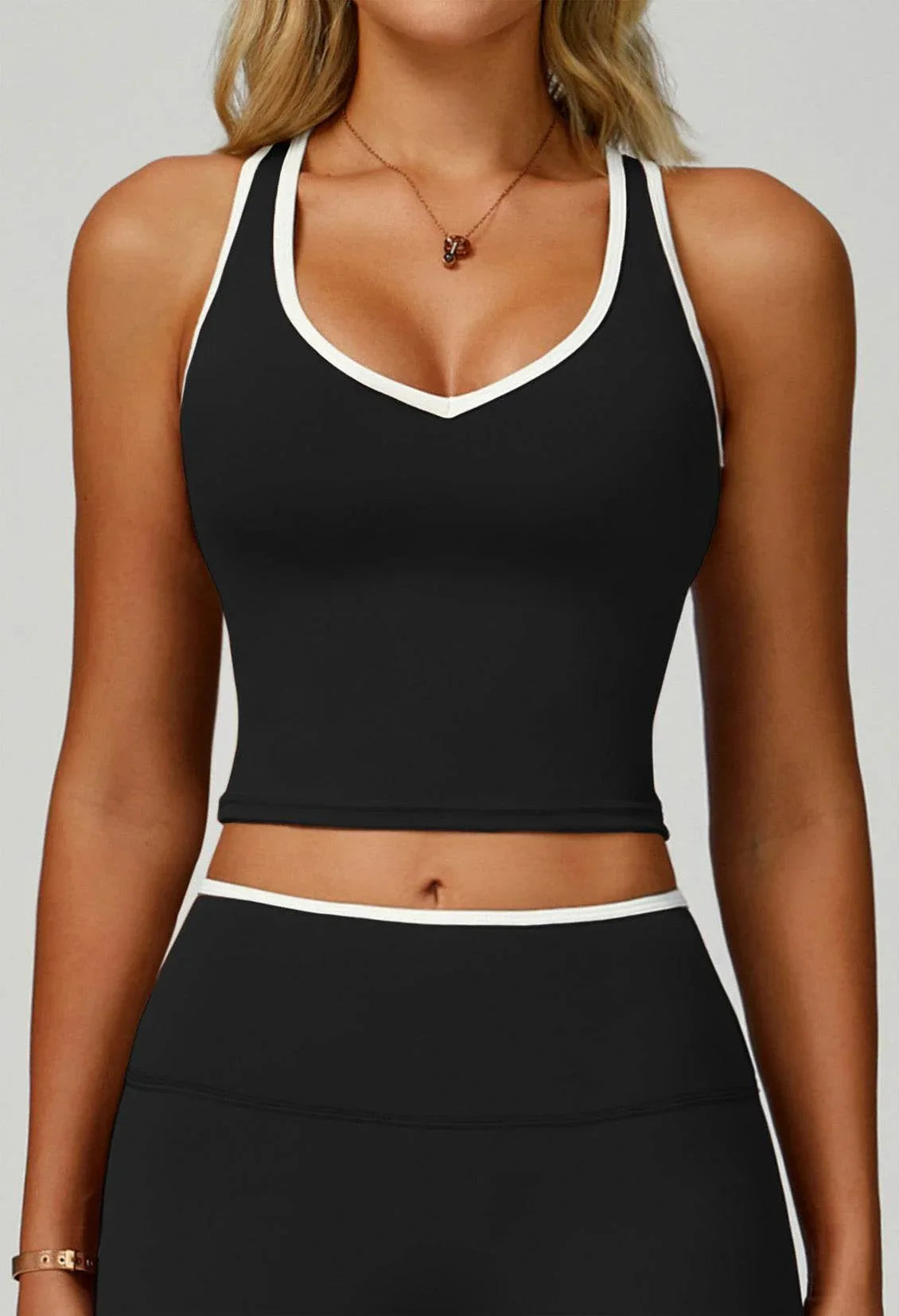 V Neckline Racerback Sports Tank Top - Black