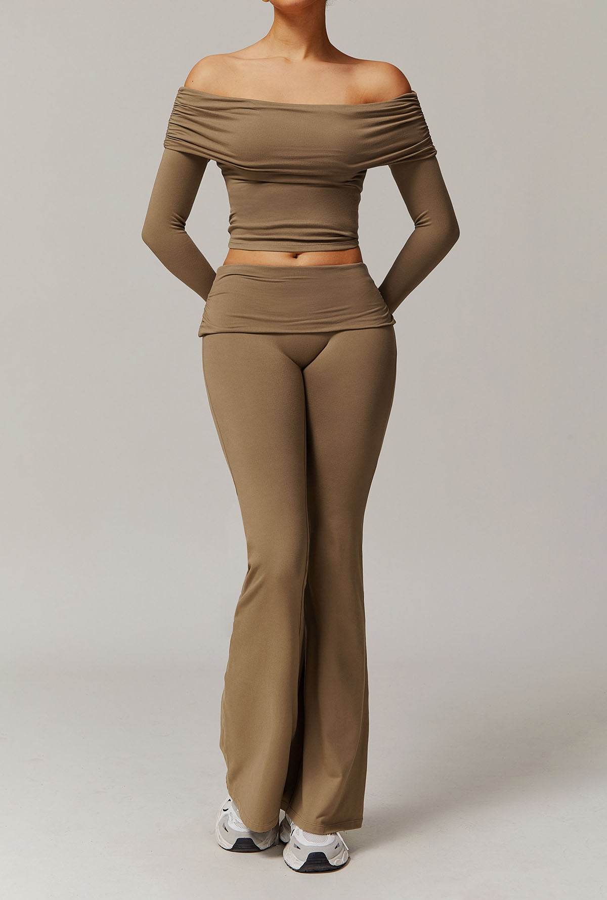 Active Wear Set with Long Sleeve Off Shoulder Crop Top and Flare Pants
