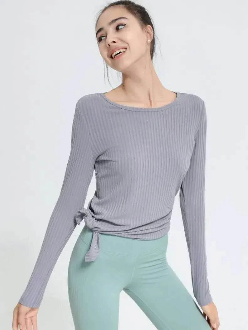 Long Sleeve Ribbed Sports T-Shirts - Gray
