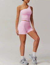 Solid Yoga Set with One Shoulder Tank Top and Short