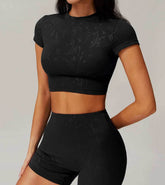 Short Sleeve Yoga Cropped T-Shirt With Gold Blocking Pattern