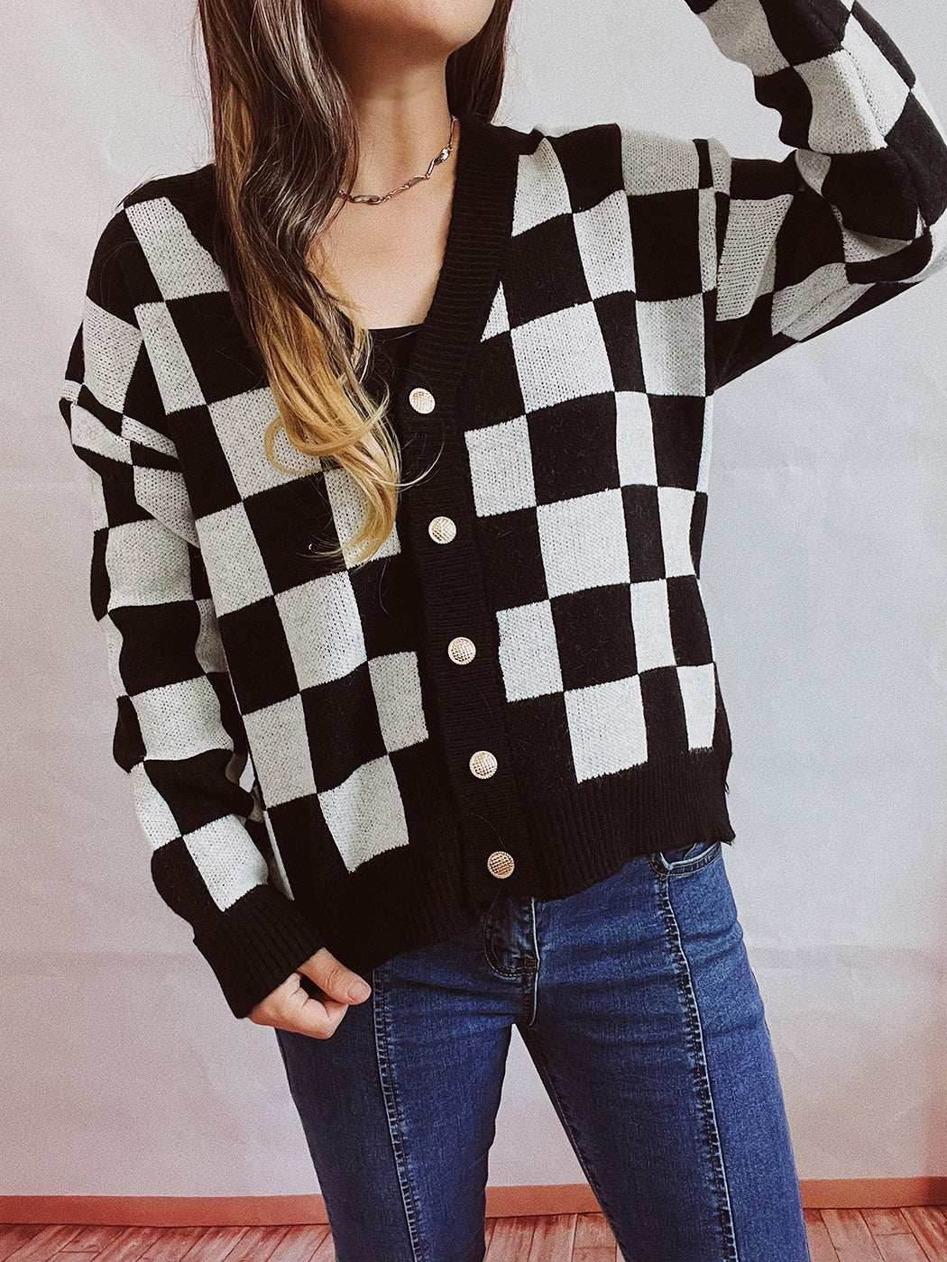 Plaid Color Block Cardigan Sweater