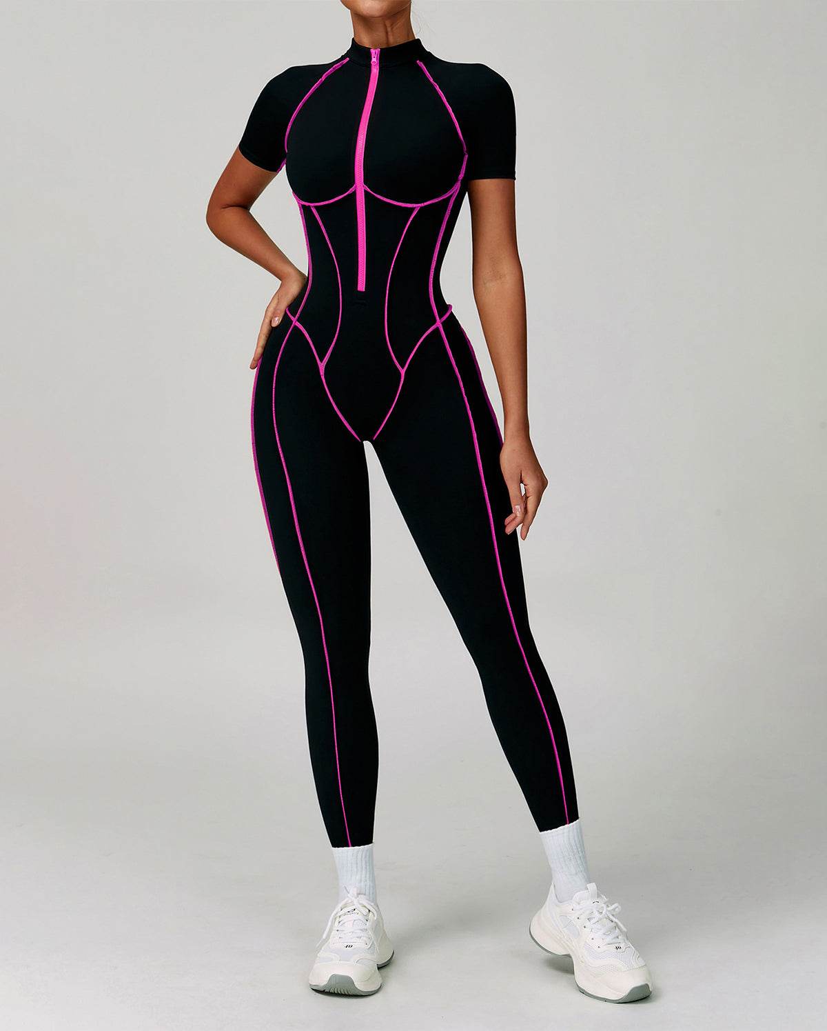 Three Dimensional Line Sports Backless Short Sleeve Jumpsuit