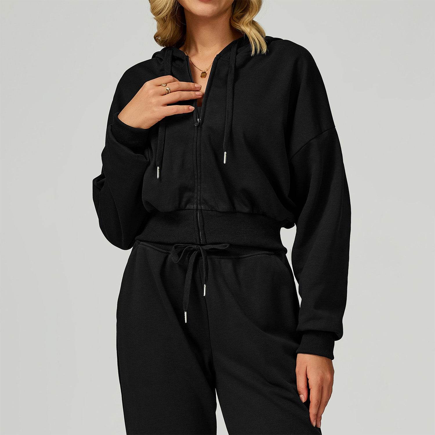 Long Sleeve Full Zip Up Crop Drawstring Hoodie Jacket