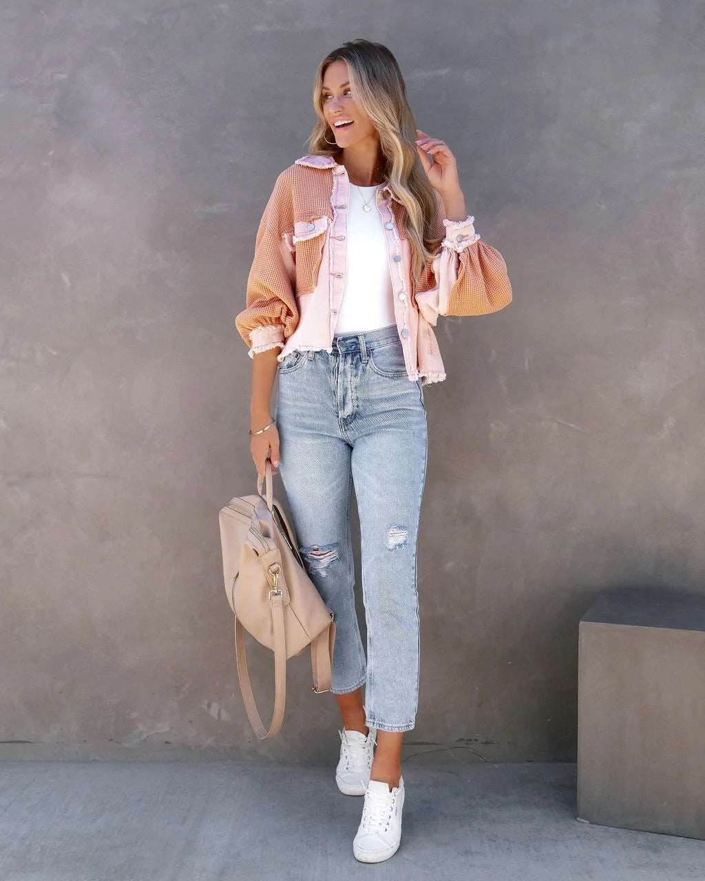 Denim Spliced Waffle Knit Cropped Jacket
