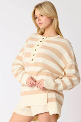 Long Sleeve Button Striped Pullover Sweater