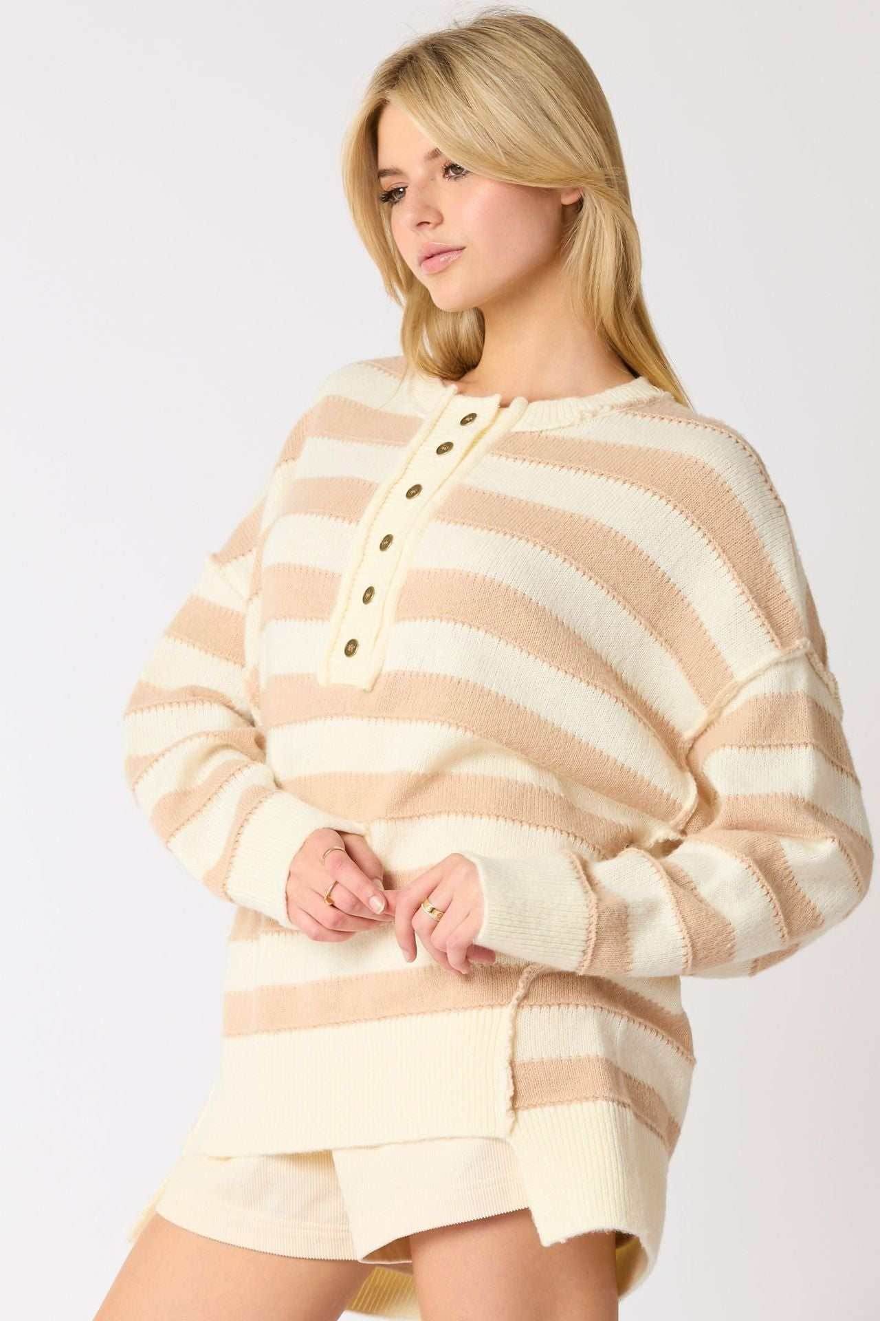 Long Sleeve Button Striped Pullover Sweater