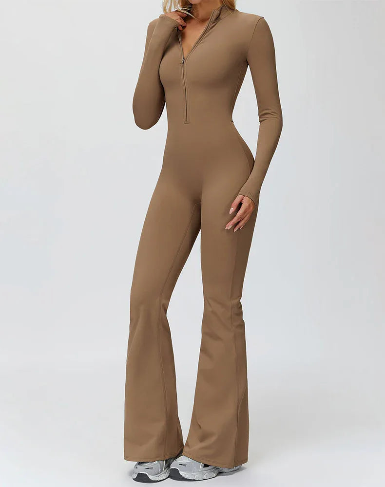 Long Sleeve Flare Workout Jumpsuit Zip Up Wide Leg Bodysuit -