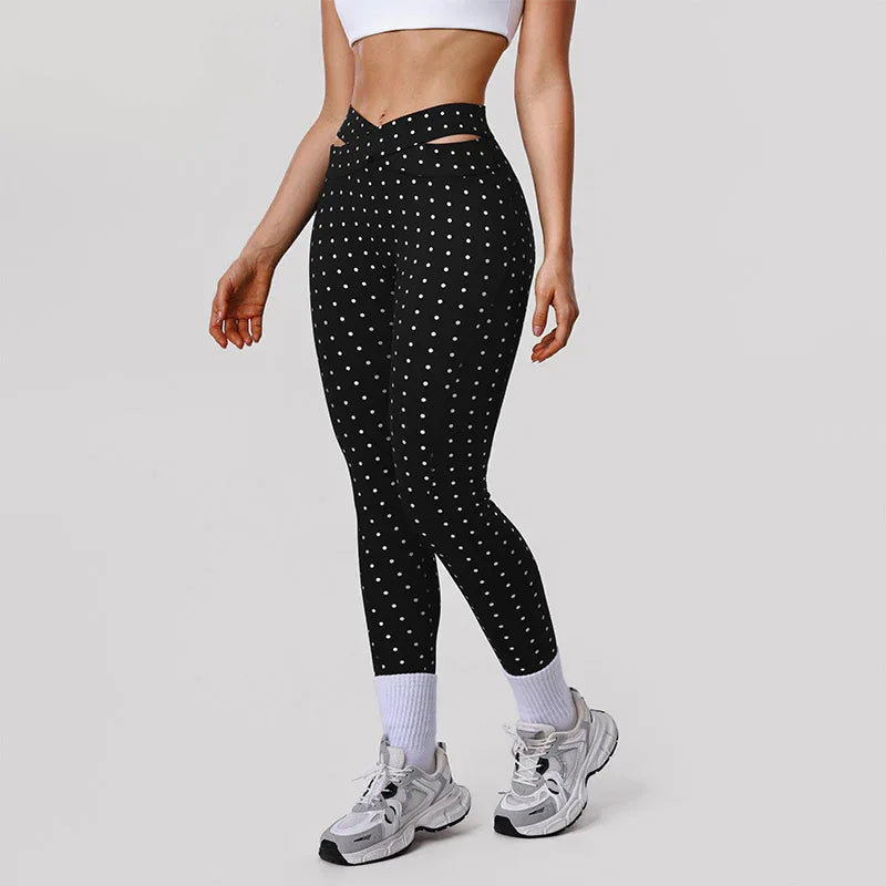 Silver Polka Dot Yoga Leggings Cross-cut Black Workout Pants -