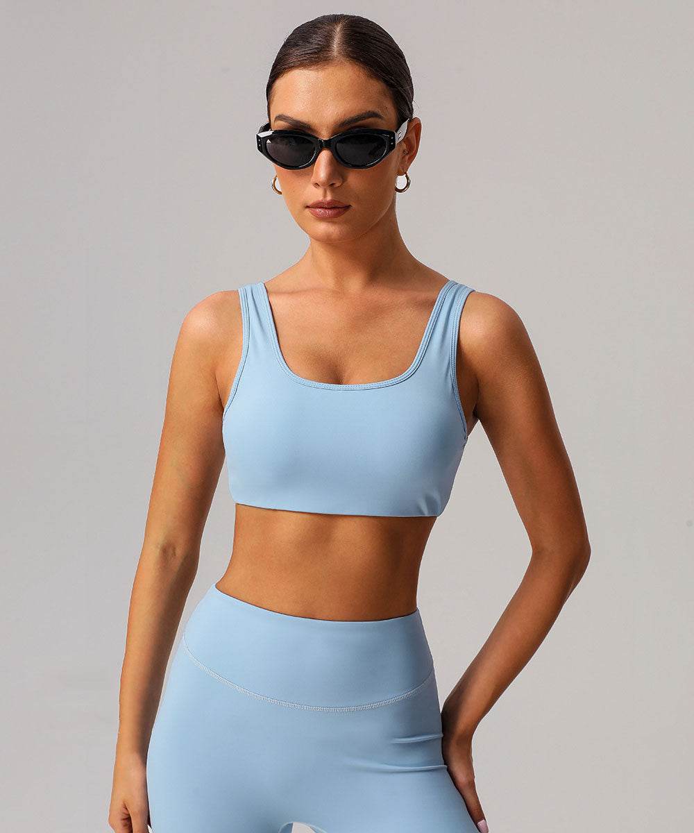 U Back Sports Bra with Built in Chest Pads - Mist Blue