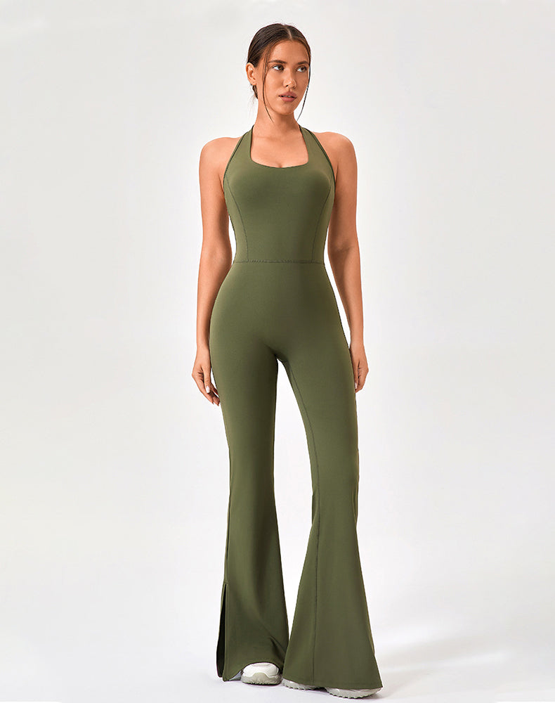 Halter Neck Flare Jumpsuit One Piece Side Split Yoga Rompers