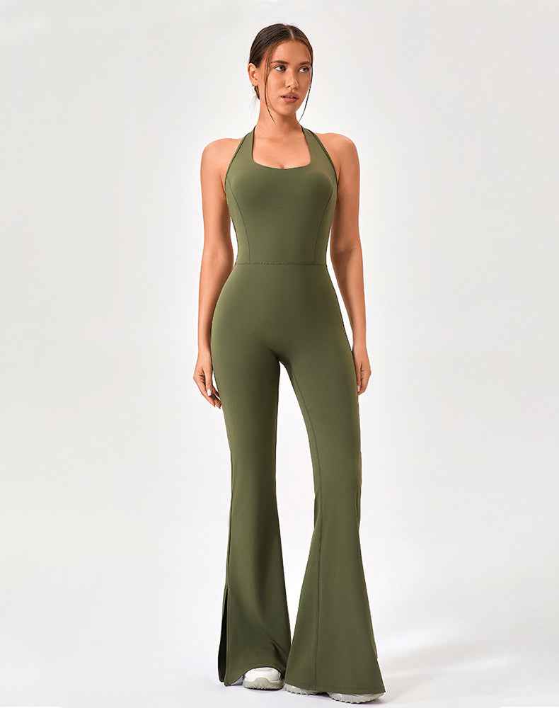 Halter Neck Flare Jumpsuit One Piece Side Split Yoga Rompers