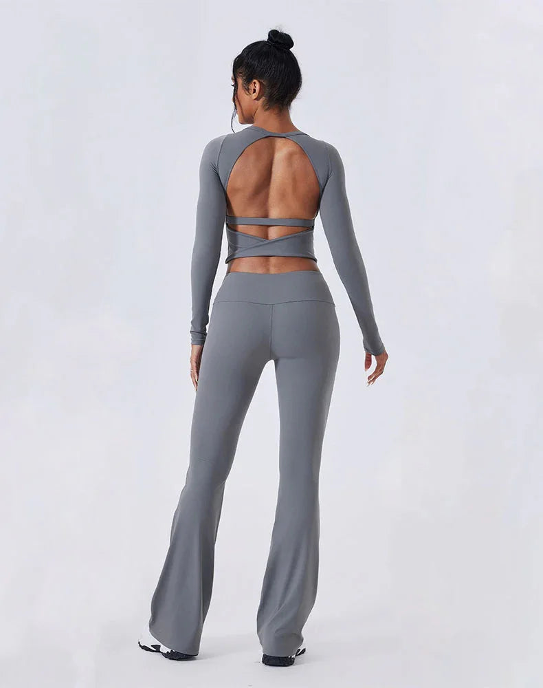 Activewear Set with Backless Top and Low-Waisted Flare Pant