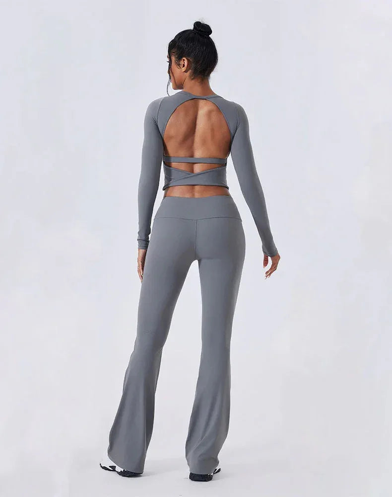 Activewear Set with Backless Top and Low-Waisted Flare Pant -