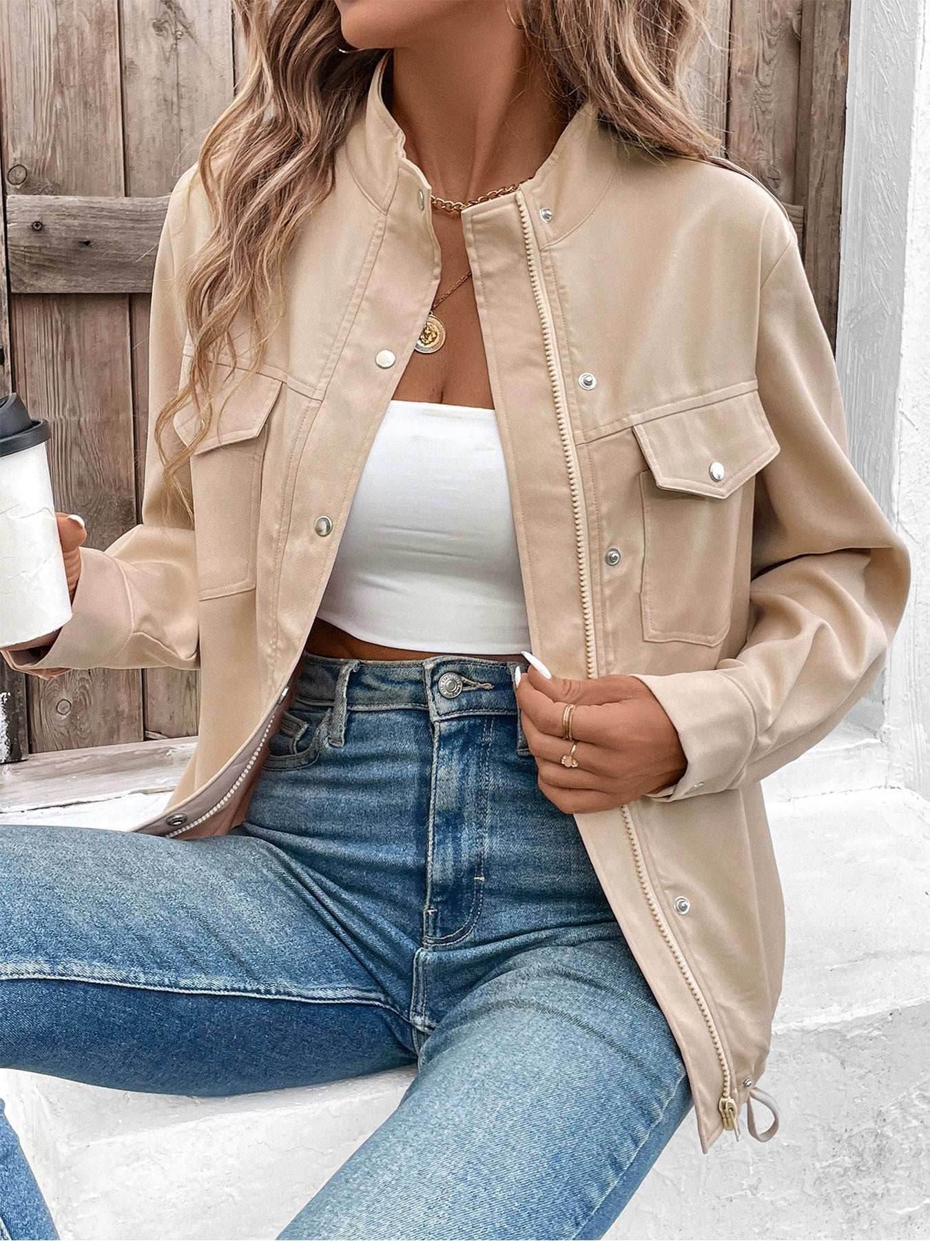 Casual Long Sleeve Shacket with Pockets