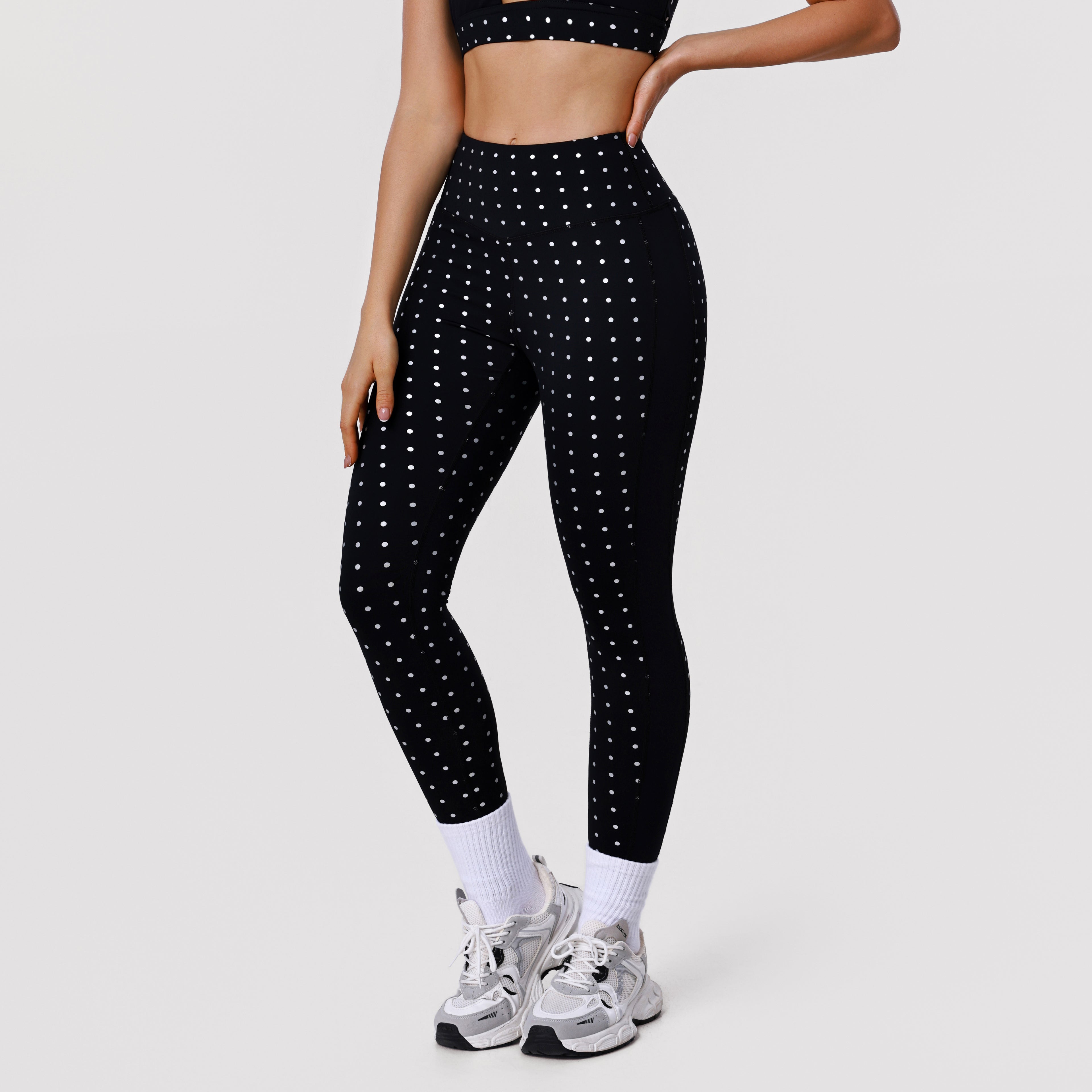 White Polka Dot Black High Waist Leggings Yoga Pants
