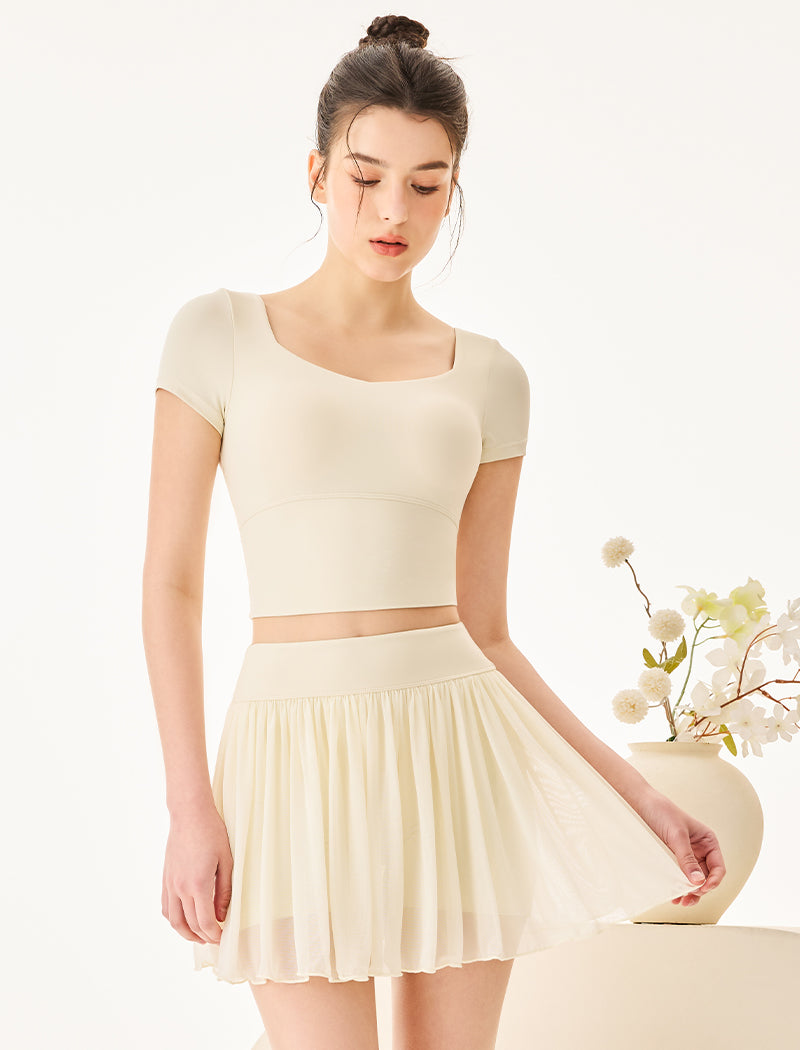 Activewear Set with Short Sleeve Crop T-Shirt and Skirt - Milky White