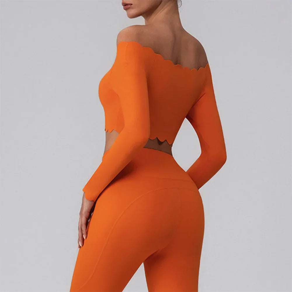 Off Shoulder Crop Tops Long Sleeve Shirt with Removable Cups -