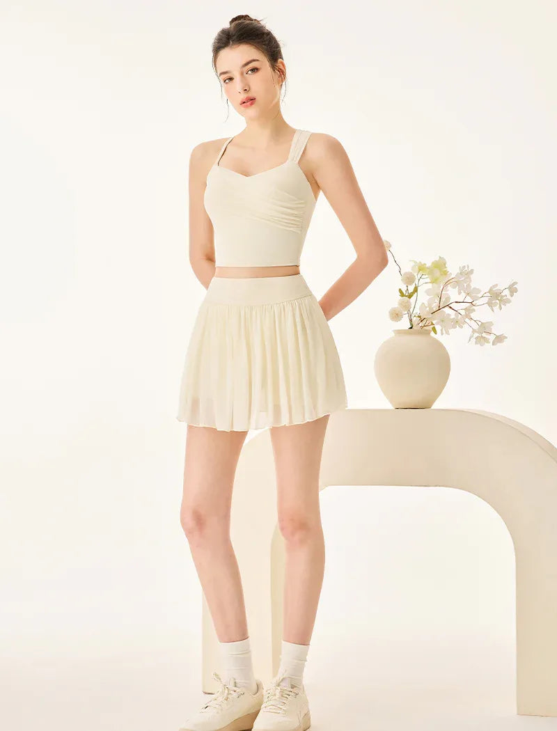 Mesh Tennis Set with Asymmetrical Strap Tank Top and Skirt -