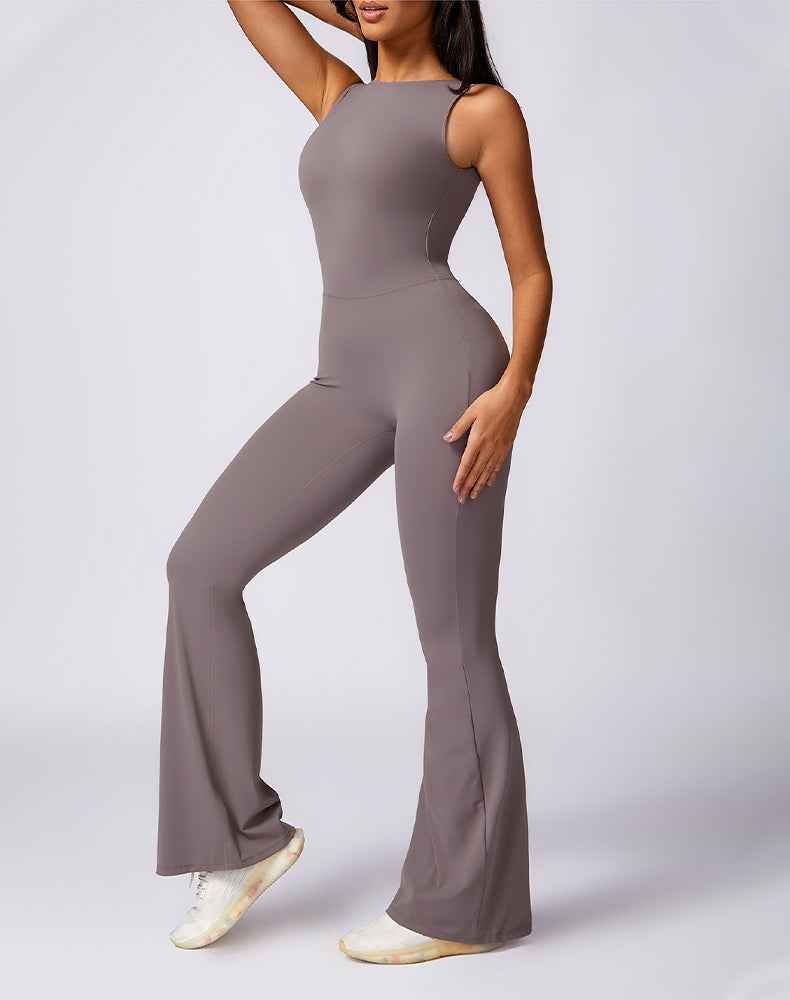 Backless Yoga Flare Jumpsuit Sleeveless Workout Romper
