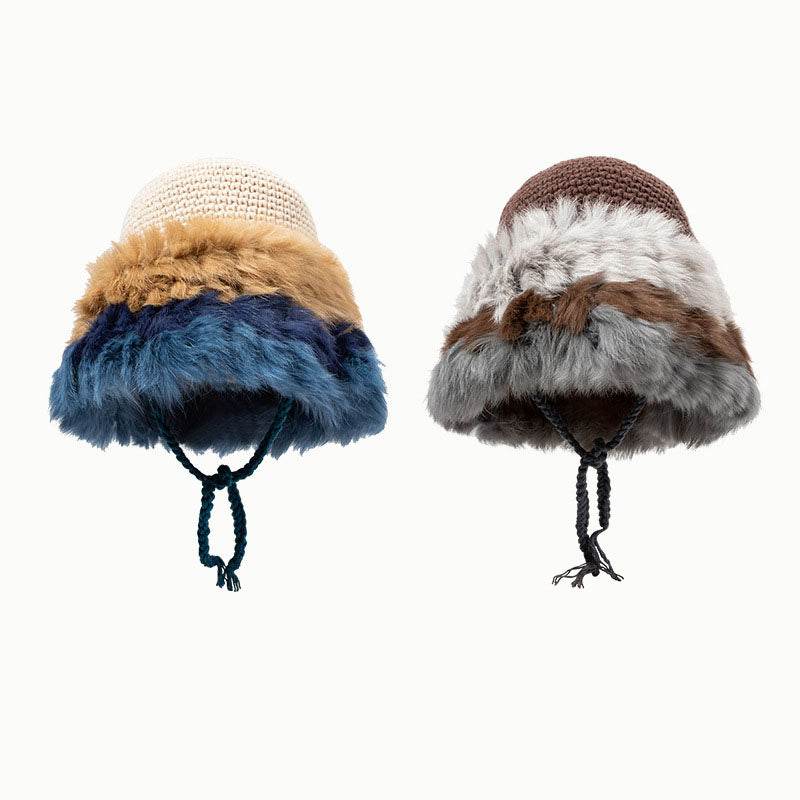 Winter Knitted Fur Beanies Hat Patchwork Warm Plush Cap