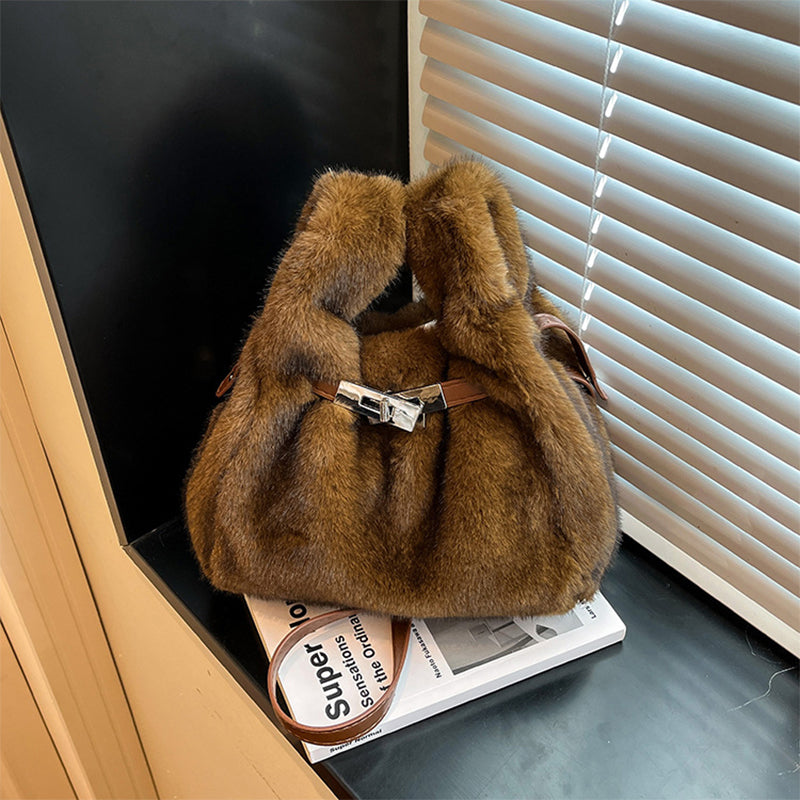 Fuzzy Shoulder Handbag Fluffy Plush Bucket Crossbody Bag