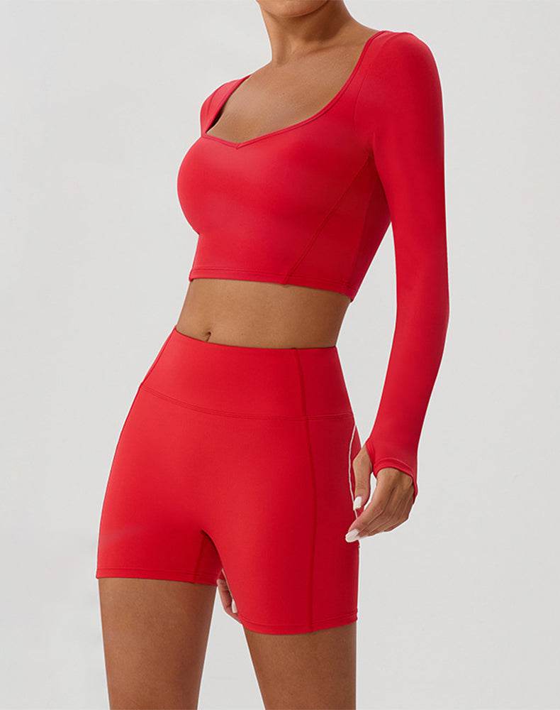 Solid Color Crop Top Yoga Long Sleeve V Neck T-Shirts