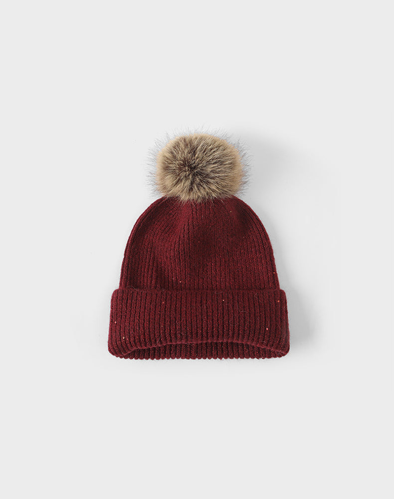 Winter Knitted Beanie Hat with Faux Fur Pom