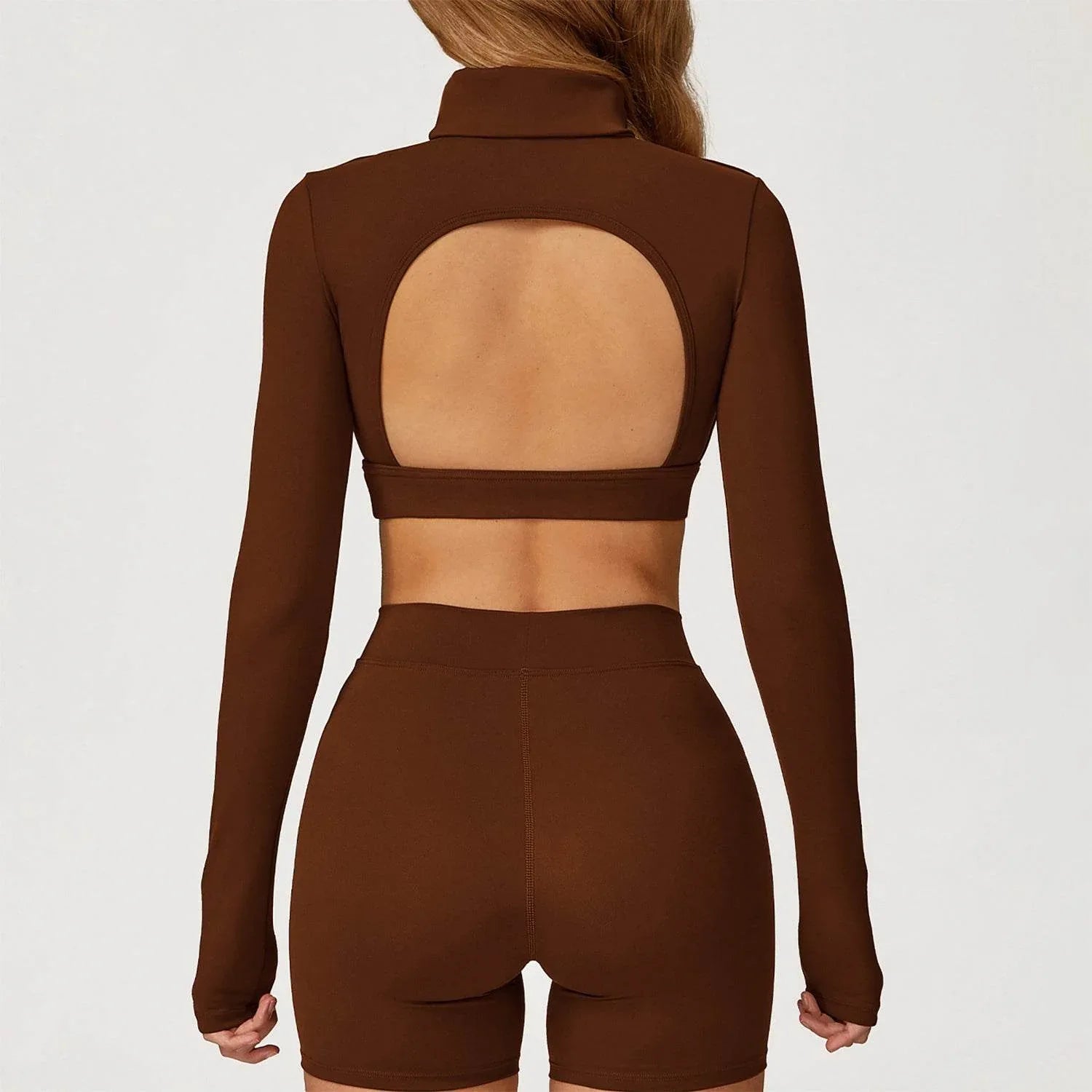 Backless Turtleneck Crop Top Long Sleeve Yoga T-Shirt -