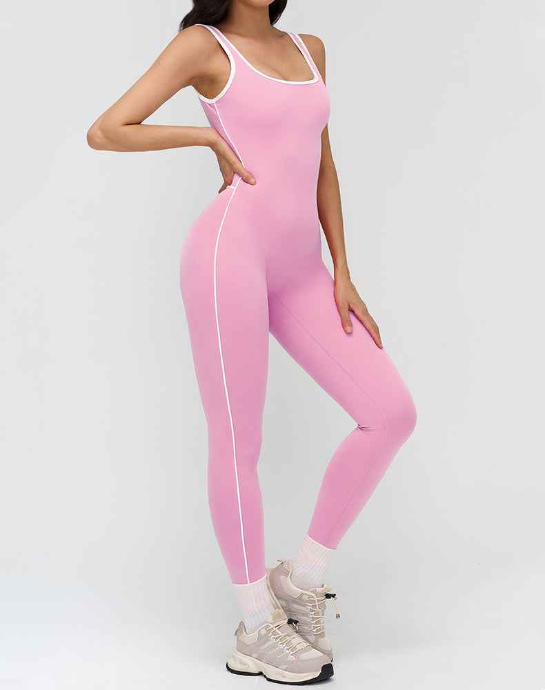 Backless One Piece Yoga Jumpsuit Contrast Trim Unitard