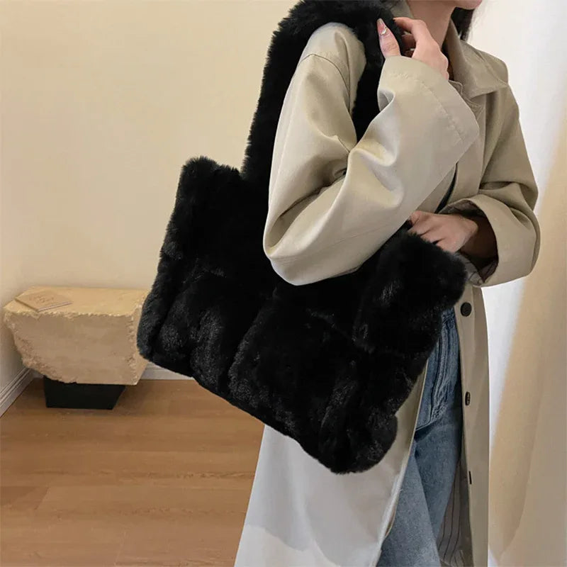 Winter Soft Plush Shoulder Handbag Bag Large Fluffy Tote Bag -