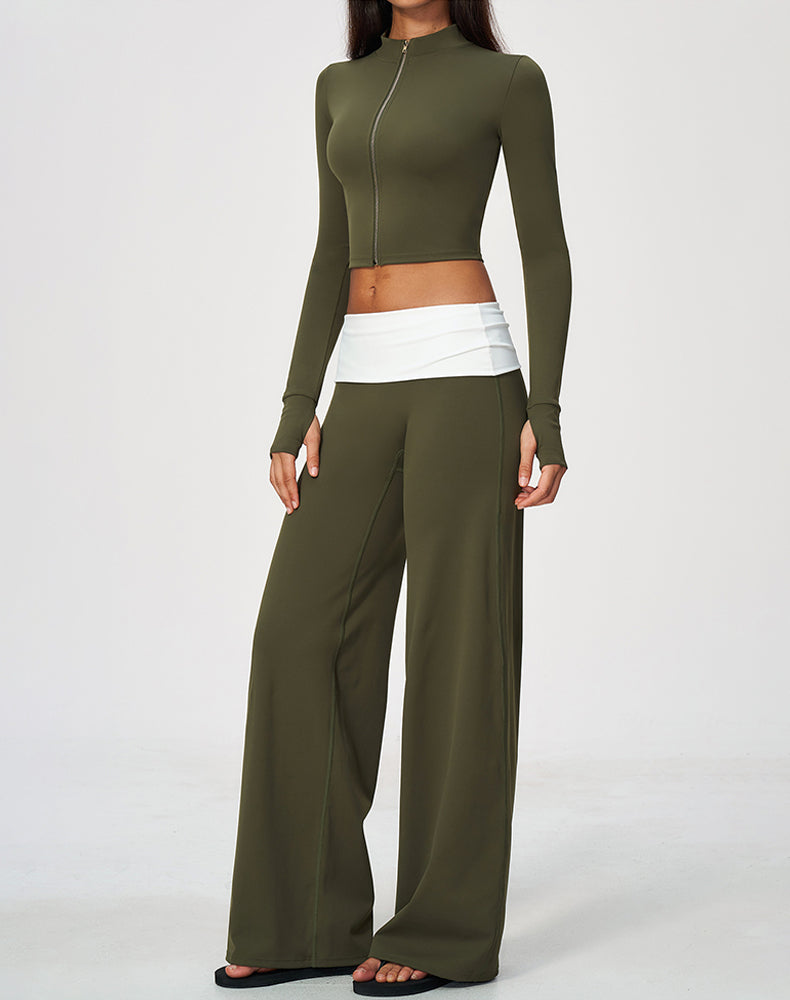 2 Piece Full Zip Cropped Jacket and Fold Over Flare Pant