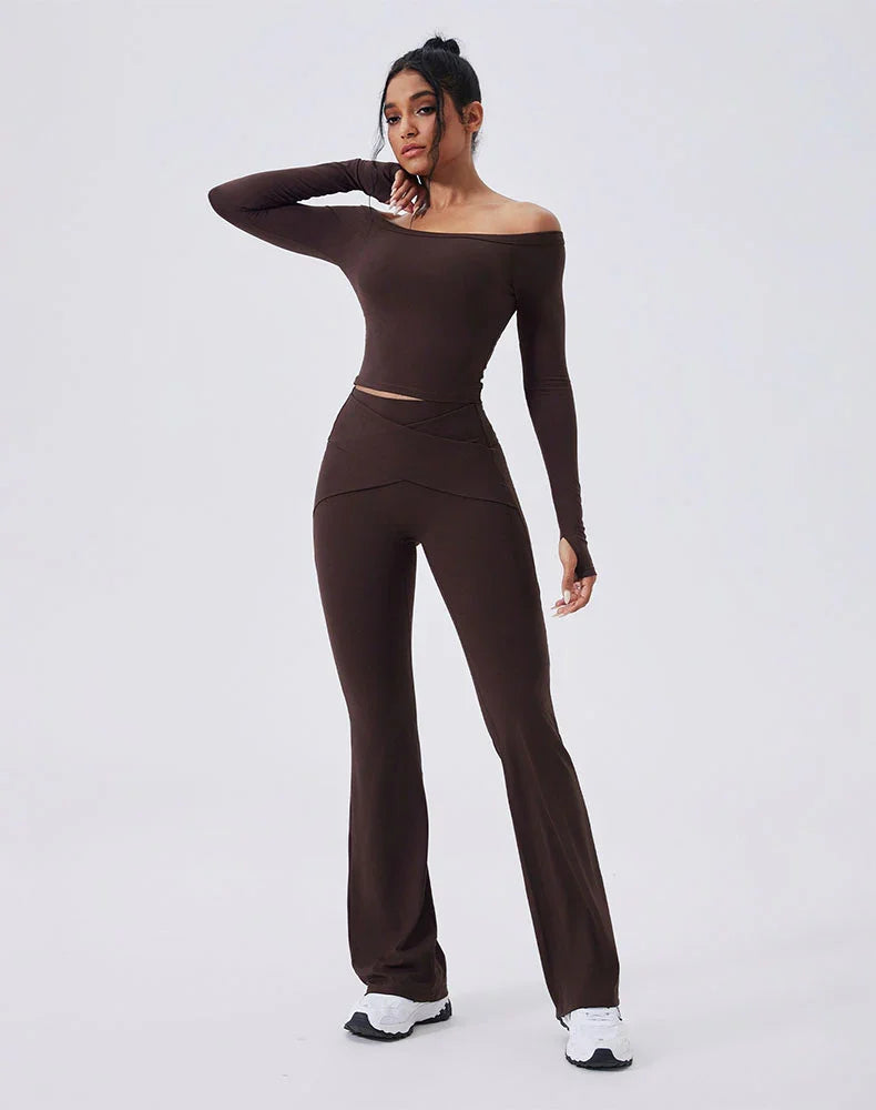 Activewear Set with Off-Shoulder Top and Flare Pant