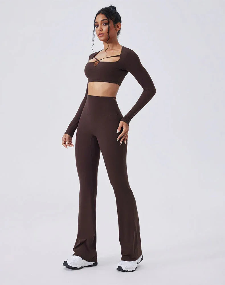 Activewear Set with crisscross thin strap Top and Flare Pant - Brown