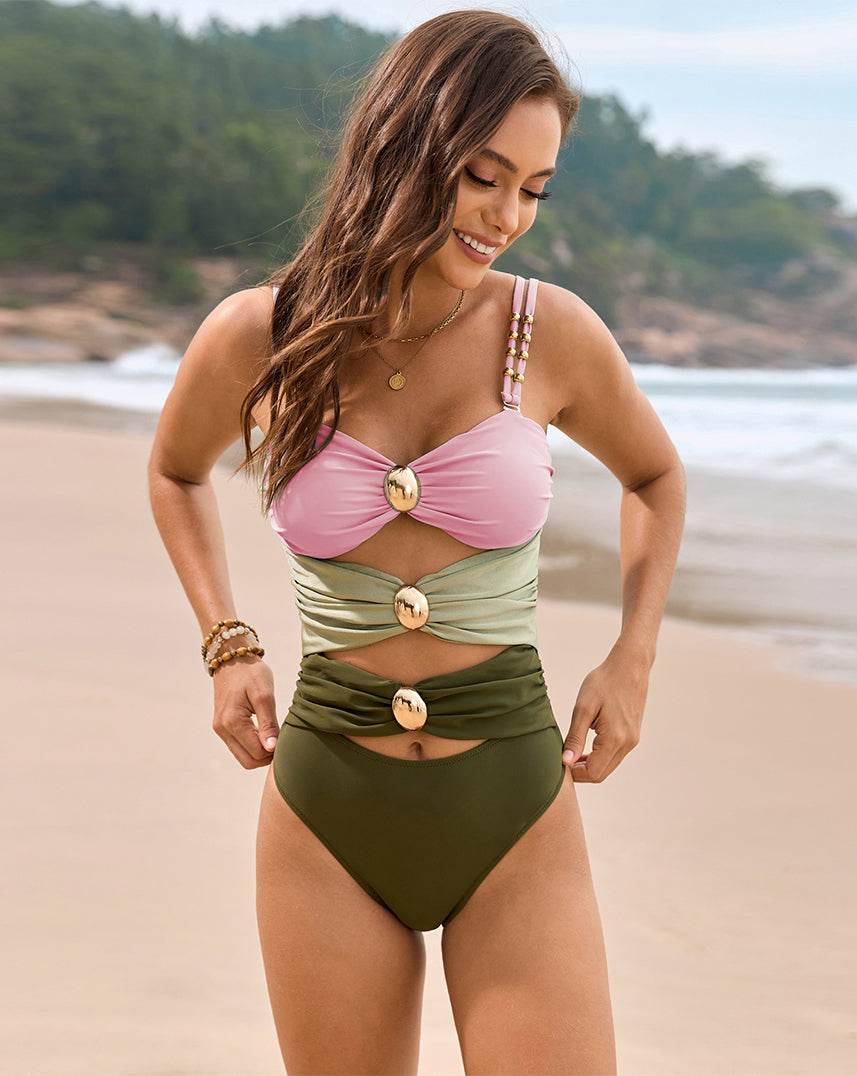Cutout One Piece Swimsuit Ruched Color Block Bathing Suit - Pink