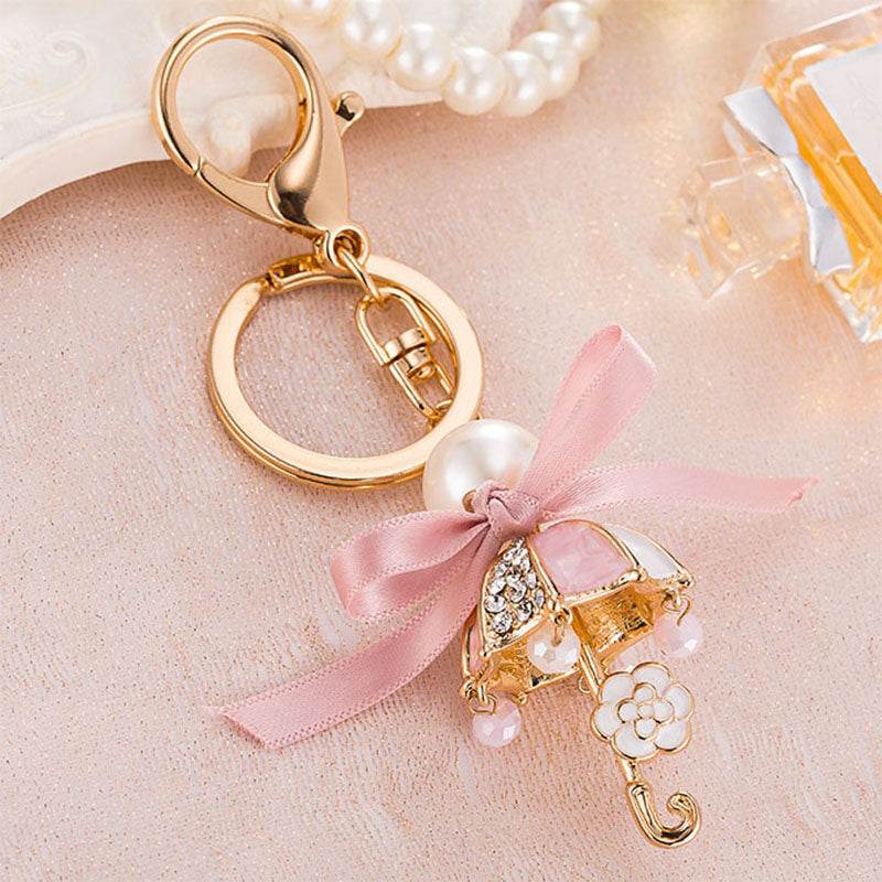 Cute Ribbon Umbrella Handbag Keychain with Bow and Pearl