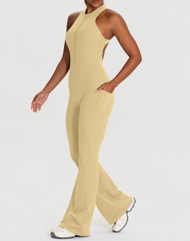 Zipper Racerback Yoga Bodysuit Flare Jumpsuit with Pockets