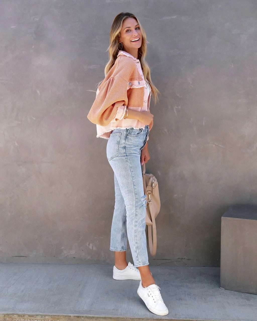 Denim Spliced Waffle Knit Cropped Jacket