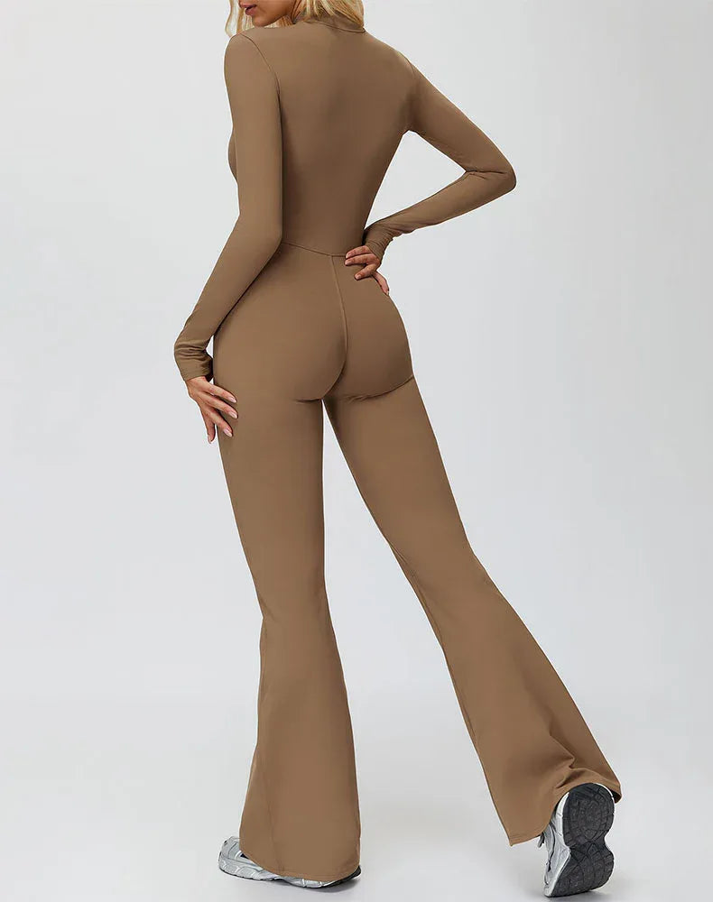 Long Sleeve Flare Workout Jumpsuit Zip Up Wide Leg Bodysuit -