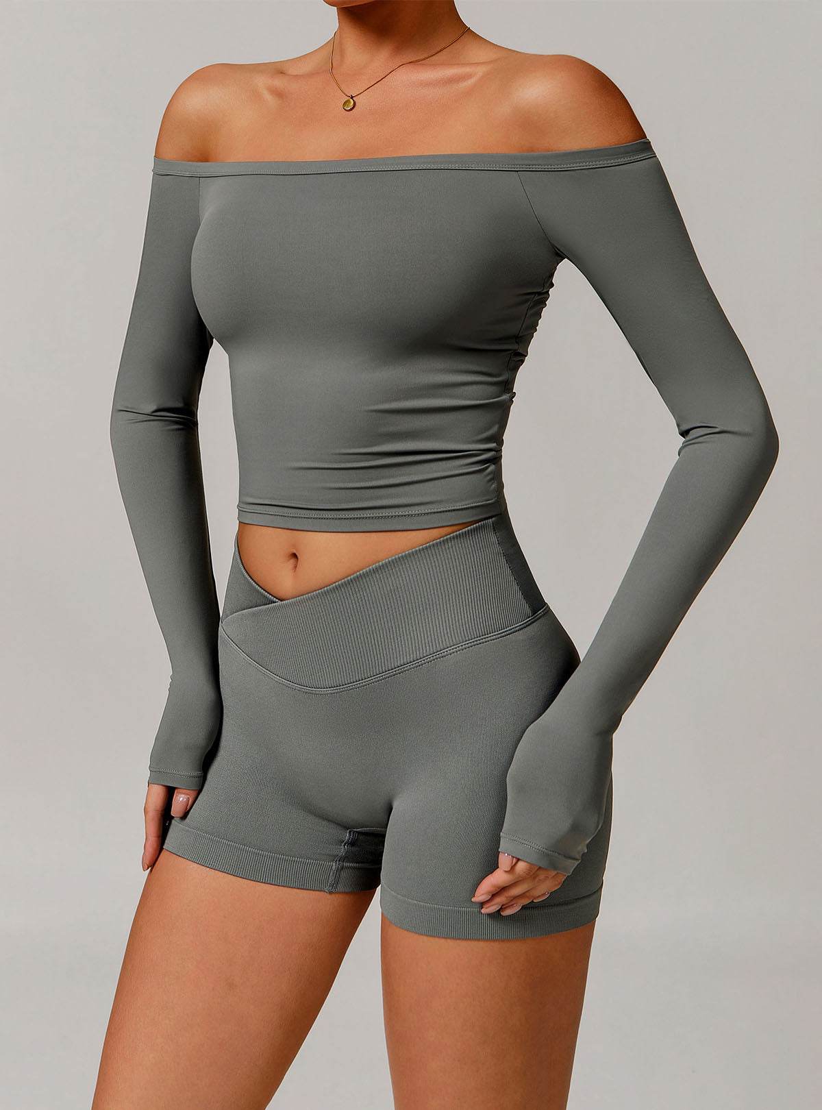 Off Shoulder Long Sleeve Basic Sports T-Shirts