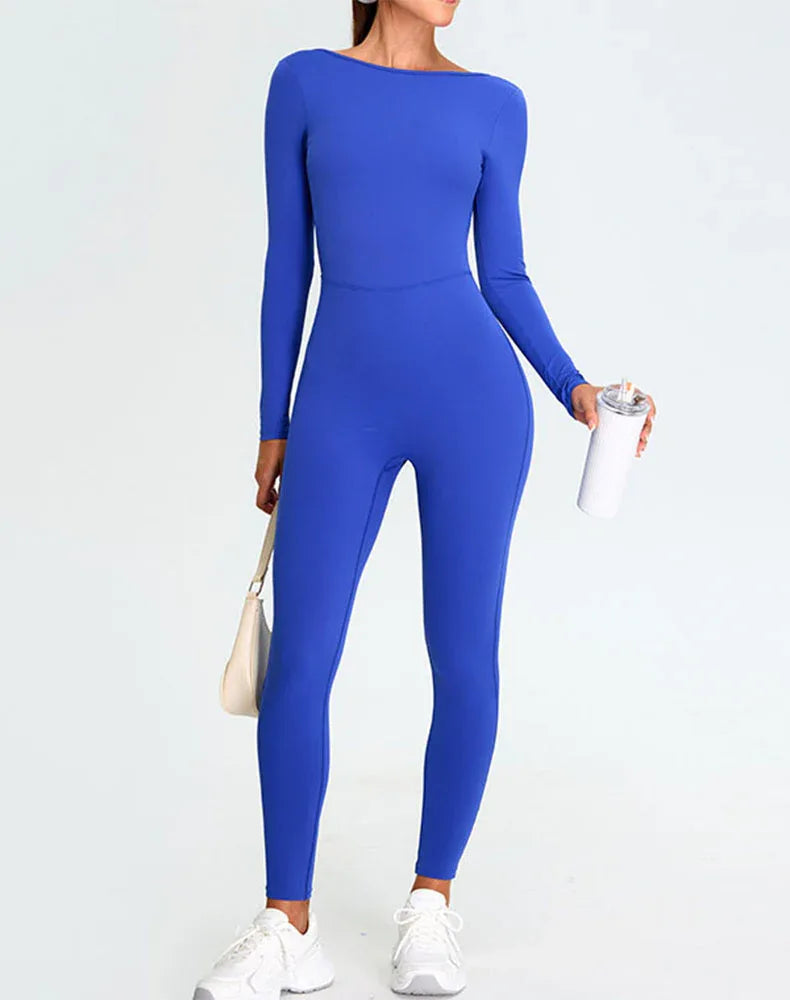 Long Sleeve Backless Workout Jumpsuit One Piece Bodysuit -