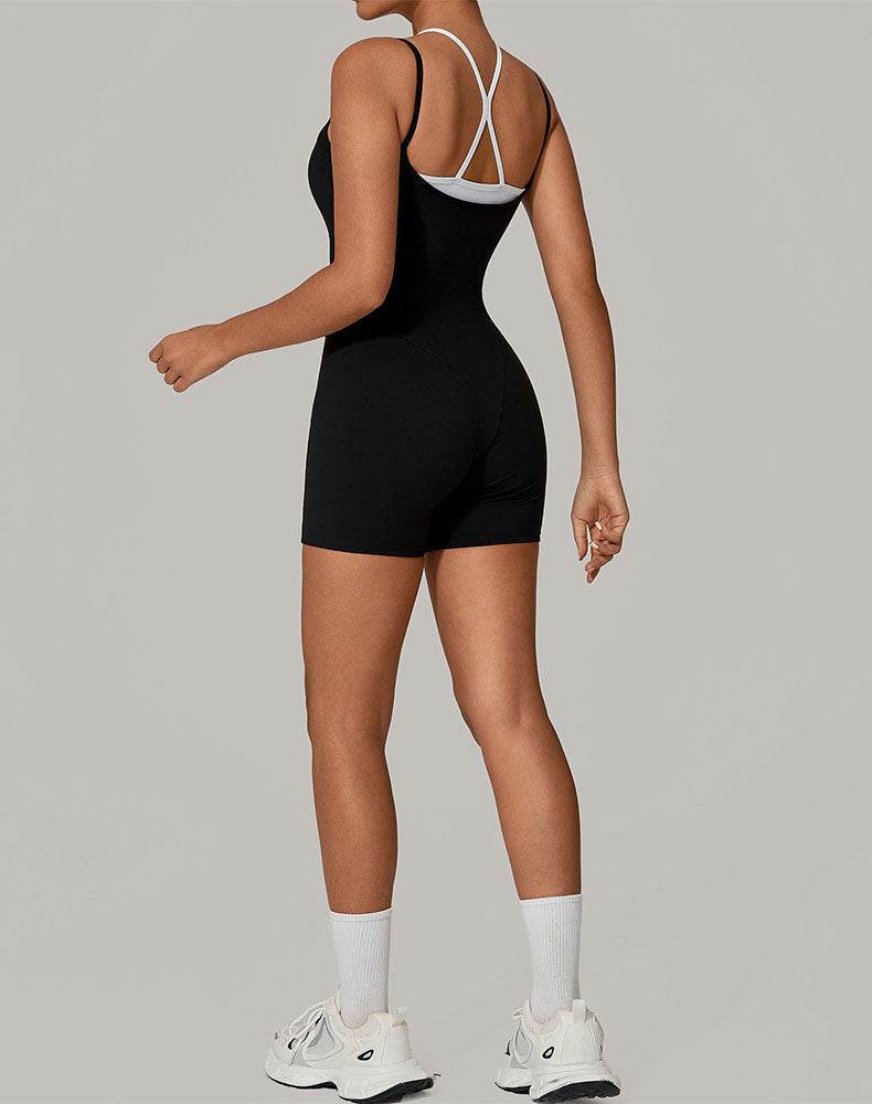 Fake Two Piece Short Bodysuit One Piece Athletic Jumpsuit