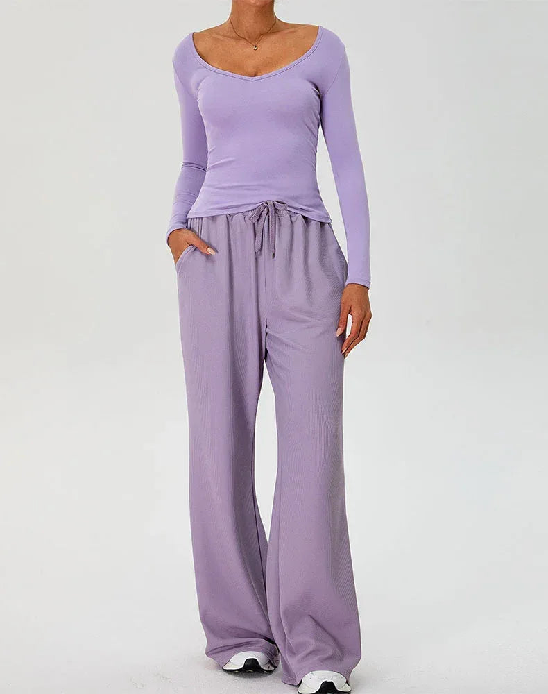 Activewear Set with Curved Neckline Top and Sweatpant -
