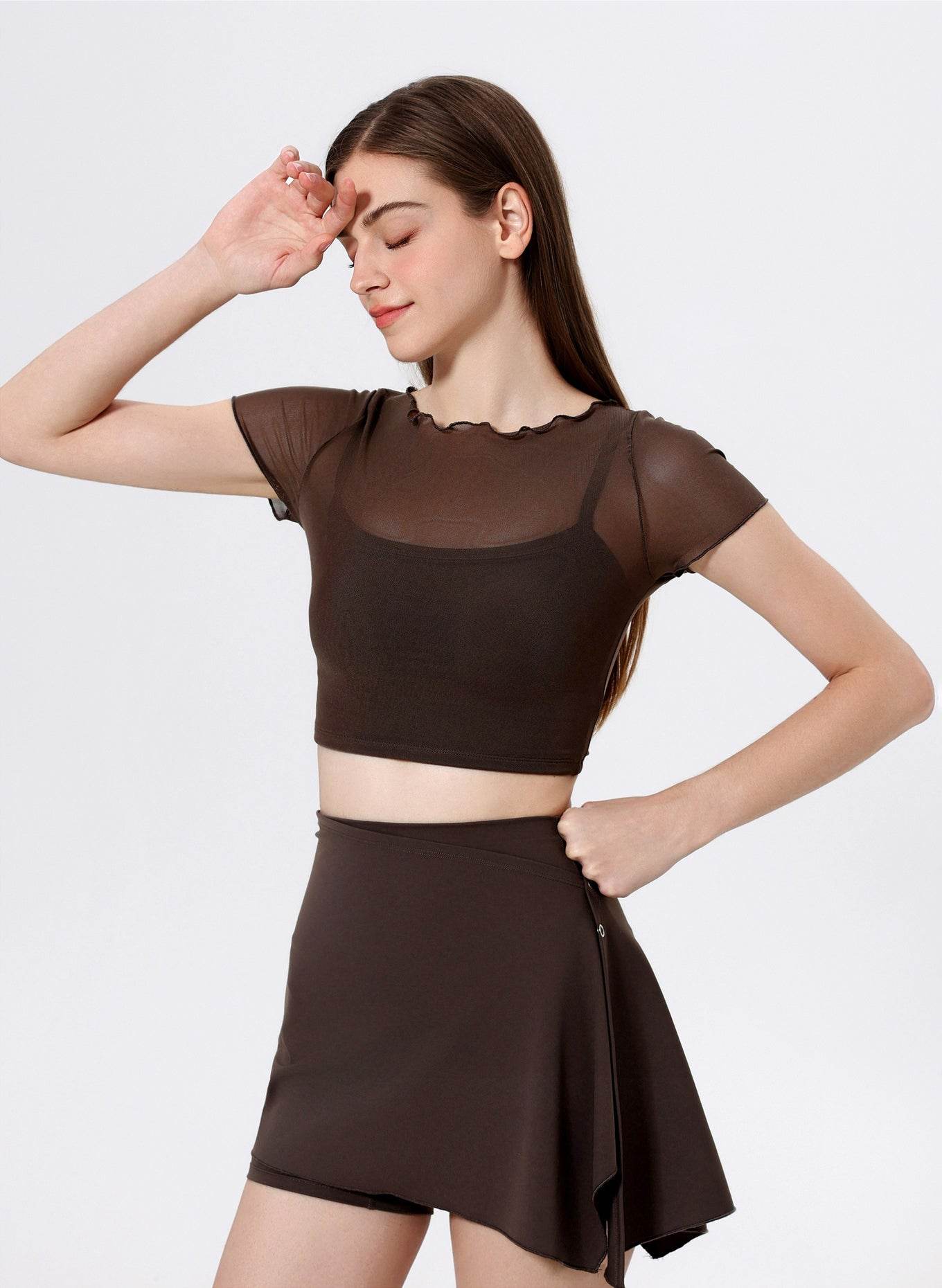 Mesh Sport Crop T-Shirts with Built-in Chest Pad - Ebony Brown
