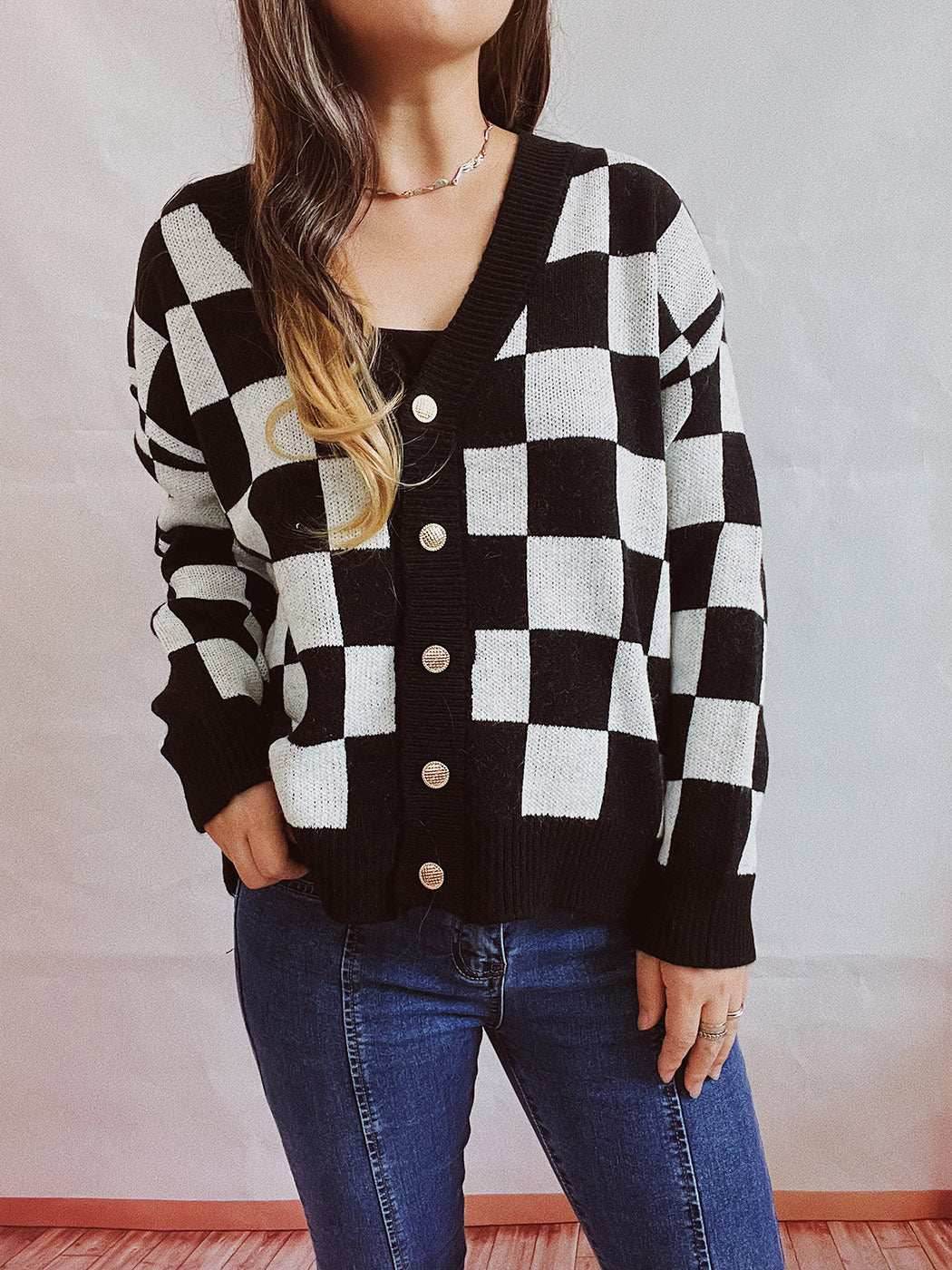 Plaid Color Block Cardigan Sweater