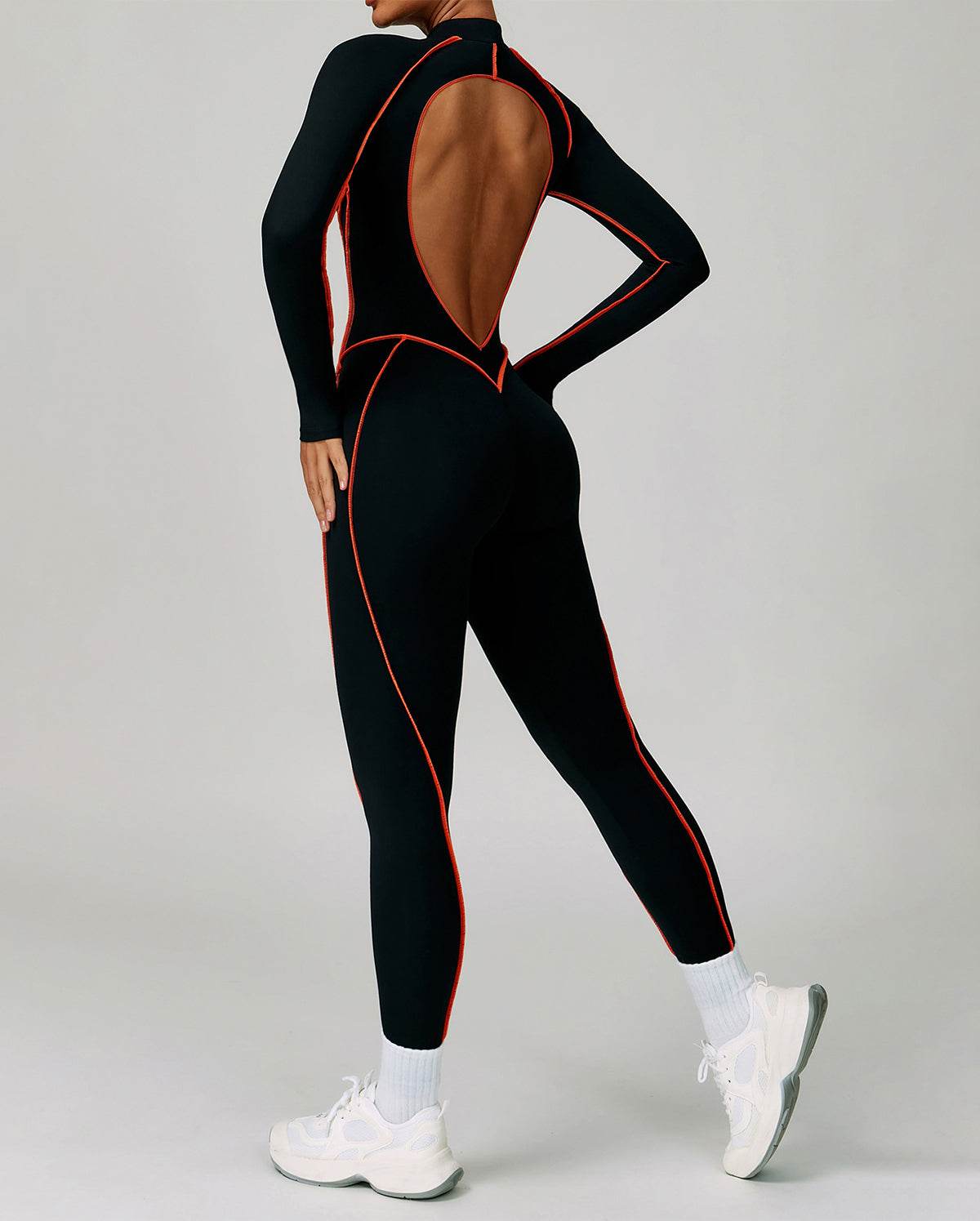 Three Dimensional Line Sports Backless Long Sleeve Jumpsuit