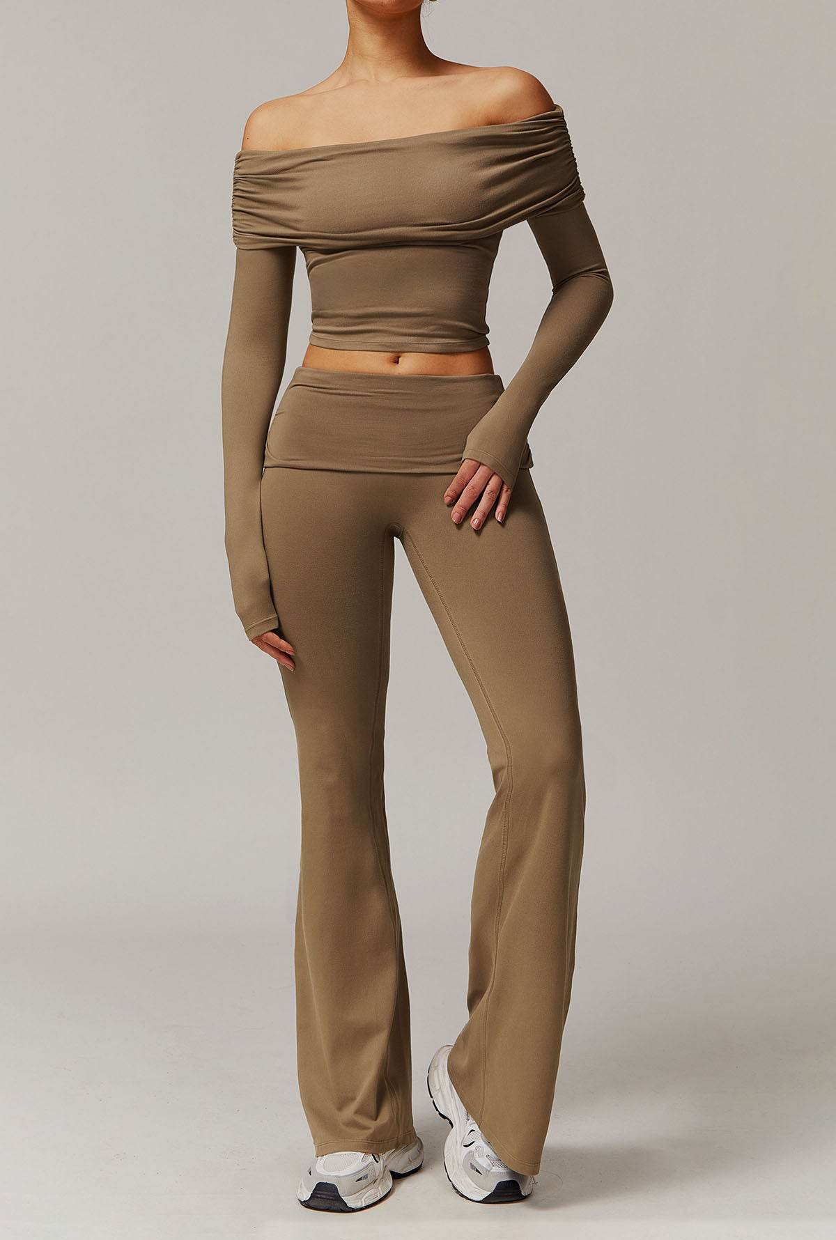 Active Wear Set with Long Sleeve Off Shoulder Crop Top and Flare Pants