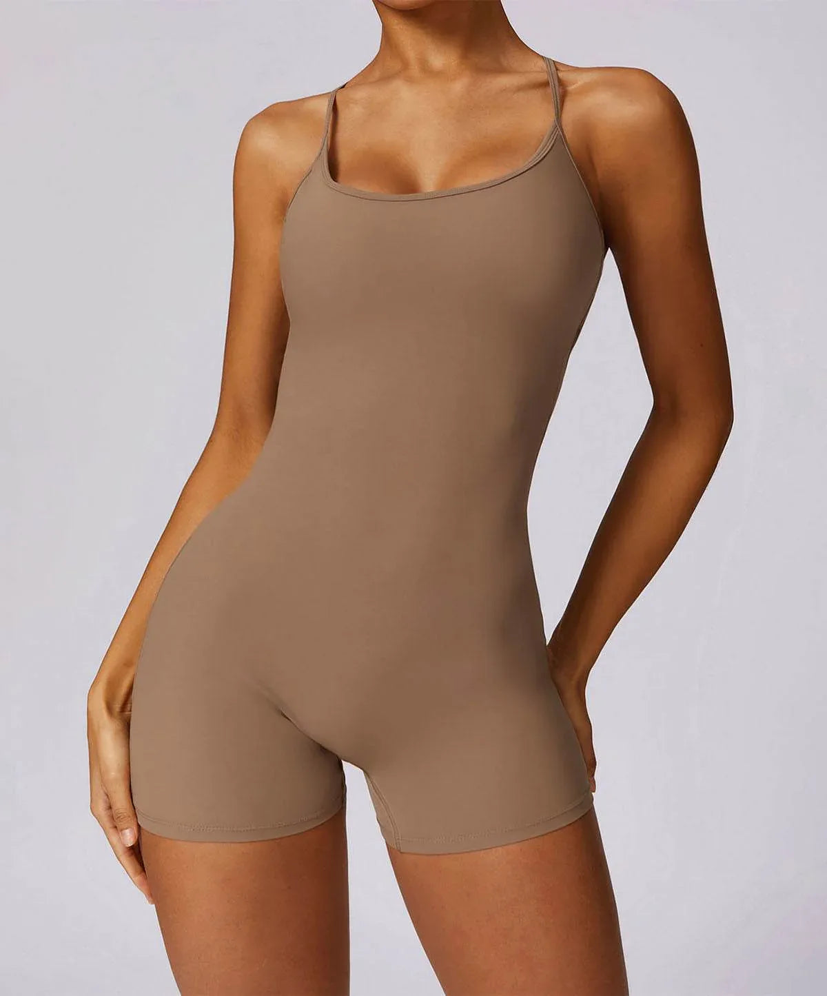 Scrunch Strappy One Piece Workout Short Jumpsuit - Mocha Brown