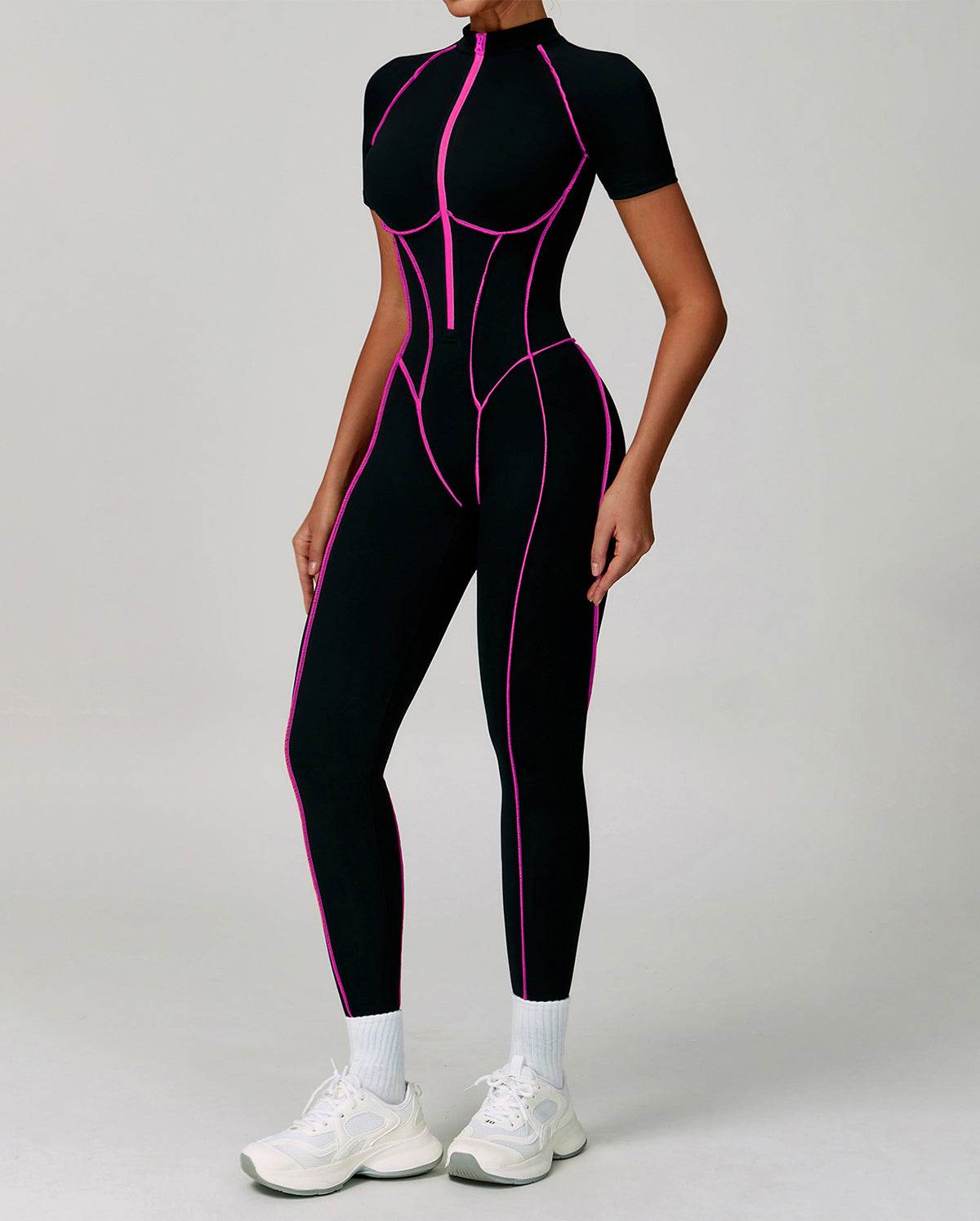 Three Dimensional Line Sports Backless Short Sleeve Jumpsuit