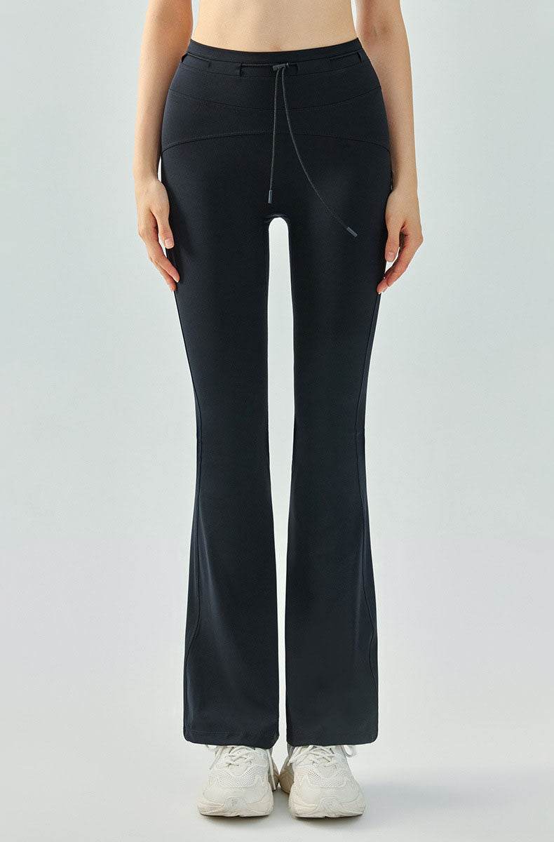 High Waist Athletic Flare Pants Yoga Trouser with Drawstring - Black